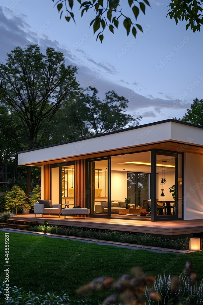 A Modern one-story house with terrace and outdoor lighting, exterior view in the evening A Modern one-story house with terrace and outdoor lighting, exterior view in the evening