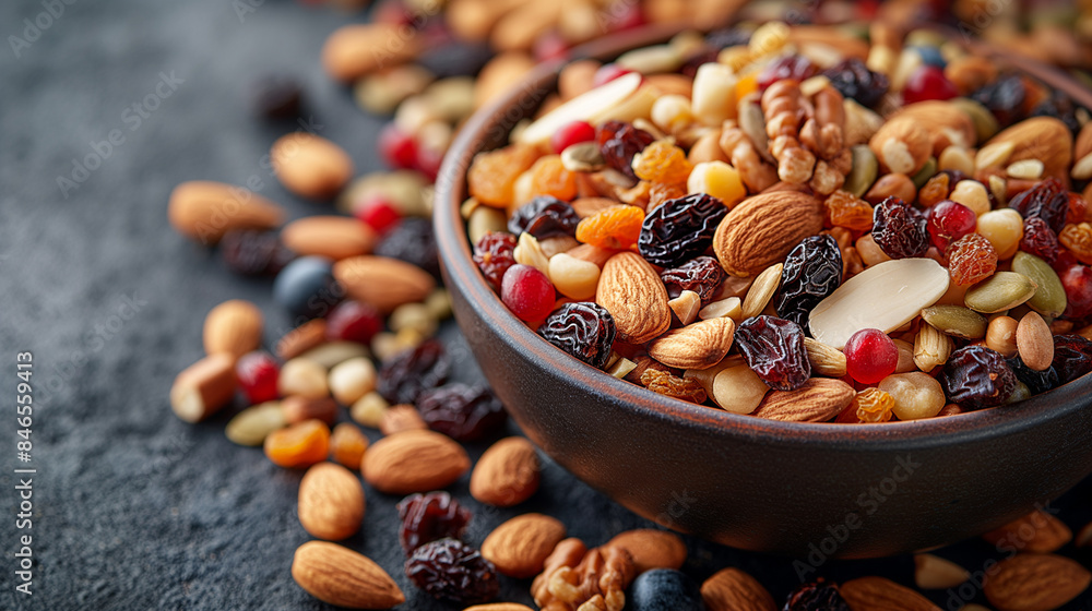 Mix of Nuts, Dried Fruits and Seeds in a Bowl on Grey Background. Copy Space Mix of Nuts, Dried Fruits and Seeds in a Bowl on Grey Background. Copy Space