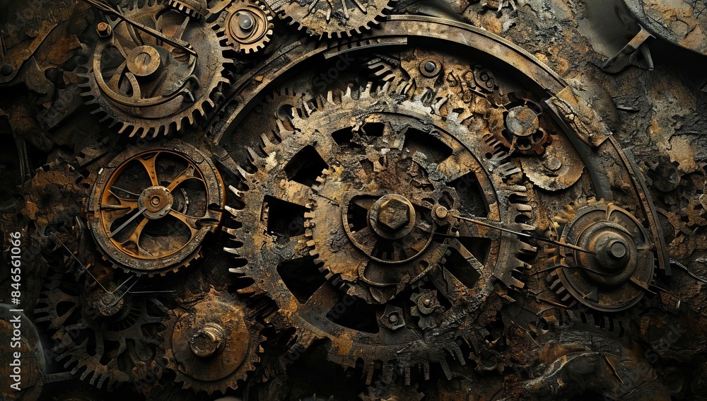 Close up of a group of metal gears interlocked together in a complex mechanism. Close up of a group of metal gears interlocked together in a complex mechanism.