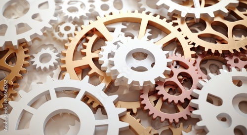Variety of gears in different shapes, sizes, and colors, arranged on a white background. photo