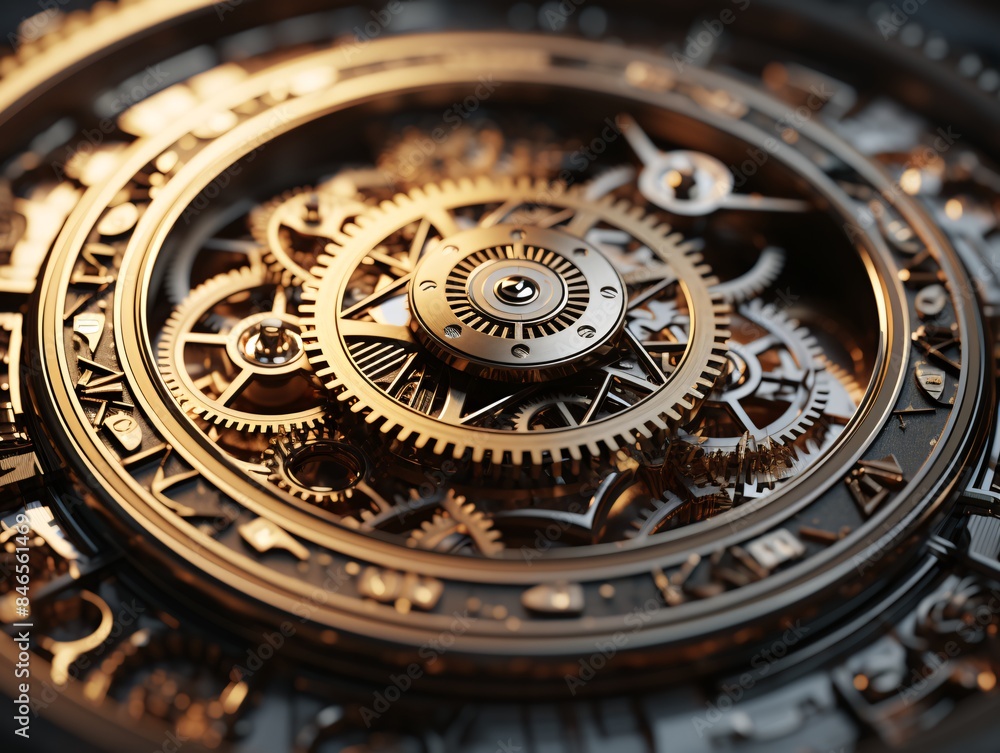 Close up of a group of metal gears interlocked together in a complex mechanism.