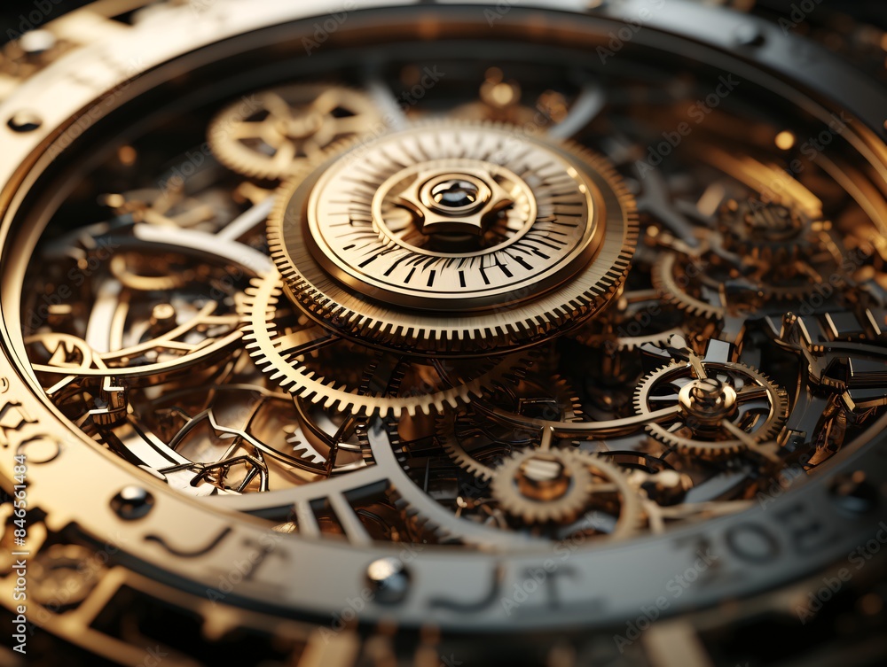 Close up of a group of metal gears interlocked together in a complex mechanism. Close up of a group of metal gears interlocked together in a complex mechanism.