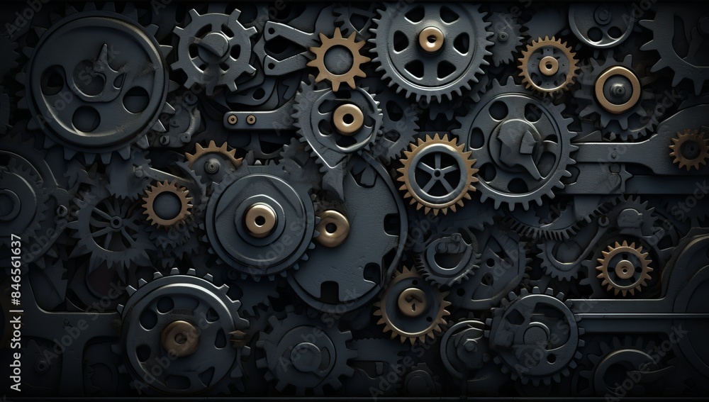 Close up of a group of metal gears interlocked together in a complex mechanism. Close up of a group of metal gears interlocked together in a complex mechanism.