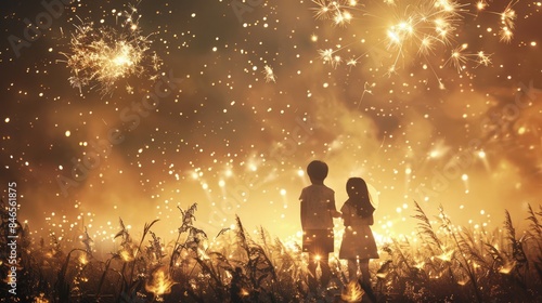 children watching the fireworks. rear view © Yuliia