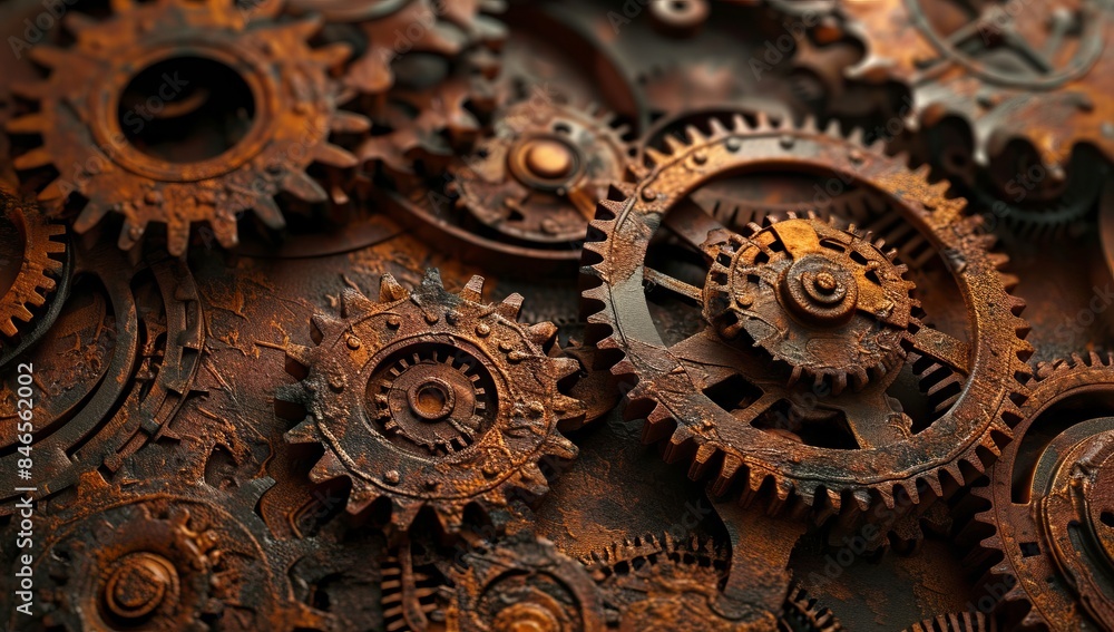 Close up of a group of metal gears interlocked together in a complex mechanism. Close up of a group of metal gears interlocked together in a complex mechanism.
