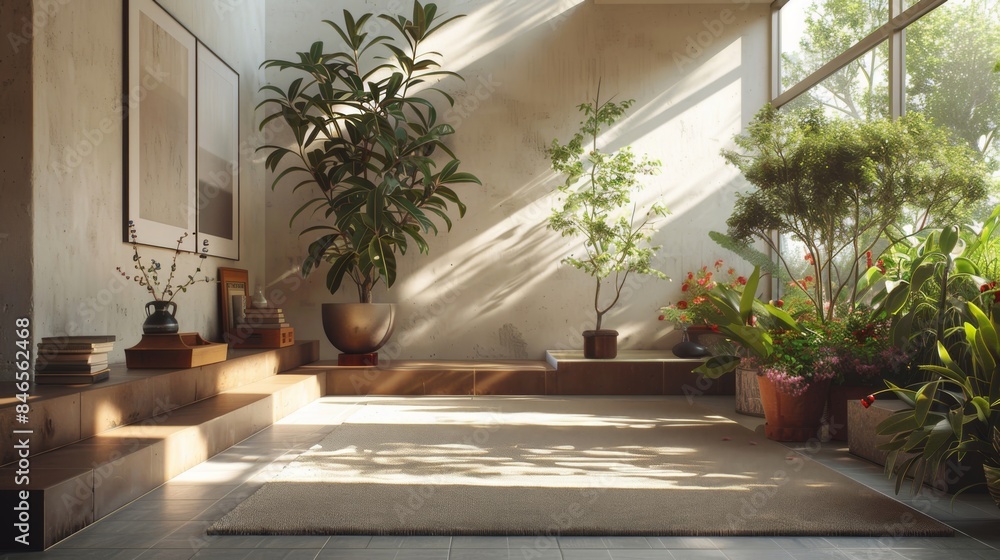 Serene indoor sunlit garden with potted plants and minimalist decor in modern living space