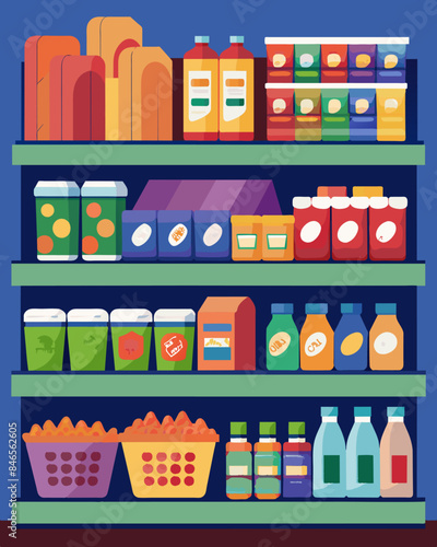 Grocery store shelves lined with individually packaged snacks and singleserve items contributing to unnecessary plastic waste.. Vector illustration