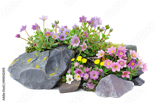 Colorful blooming flower on the rock isolated on white or transparent background