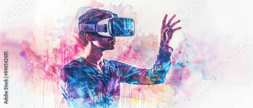 A man wears a virtual reality headset while standing in front of a watercolor background. He looks to the right with a hand outstretched as if interacting with something virtual photo