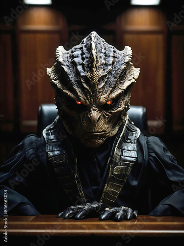 Obraz na płótnie Reptilian shapeshifter Supreme court, Corrupted dishonest judge in court room, lizard people w salonie
