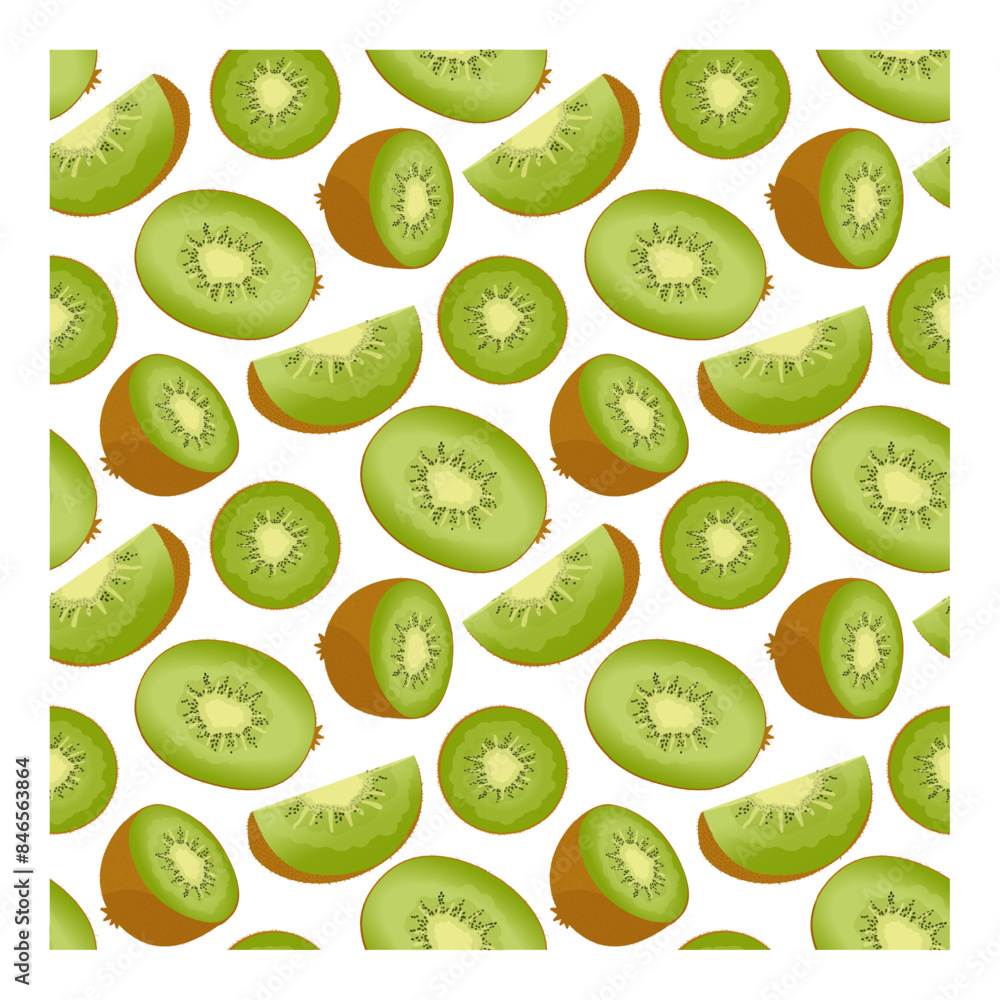 Pattern of different kiwi slices. Seamless abstract pattern with kiwi on a white background. Wrapping paper, packaging, poster, textile, vector illustration Pattern of different kiwi slices. Seamless abstract pattern with kiwi on a white background. Wrapping paper, packaging, poster, textile, vector illustration