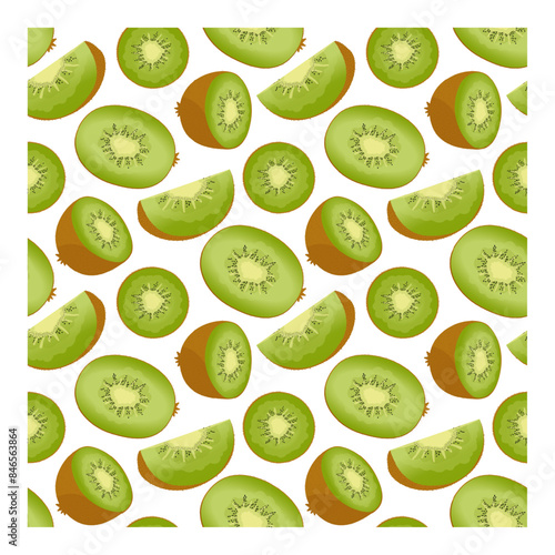 Pattern of different kiwi slices. Seamless abstract pattern with kiwi on a white background. Wrapping paper, packaging, poster, textile, vector illustration