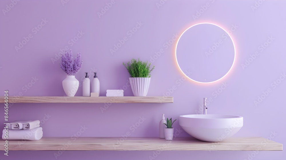 Minimalist Lavender Bathroom with Floating Wooden Shelves and Sleek Decor Minimalist Lavender Bathroom with Floating Wooden Shelves and Sleek Decor