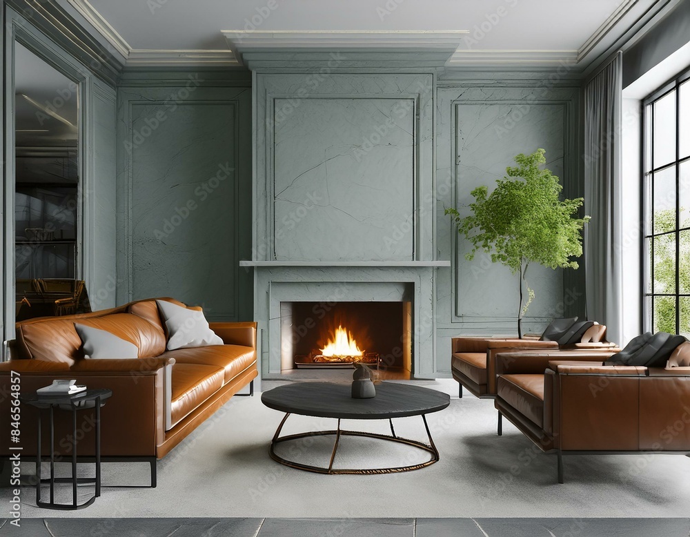 Modern living room interior mockup with leather sofa, armchair and fireplace, 3d rendering Modern living room interior mockup with leather sofa, armchair and fireplace, 3d rendering