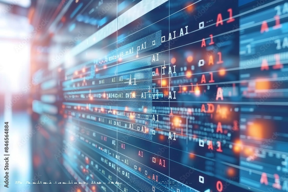 Fototapeta premium AI data streams in a high tech digital environment with vibrant orange and blue hues, symbolizing the flow and processing of information in a futuristic setting