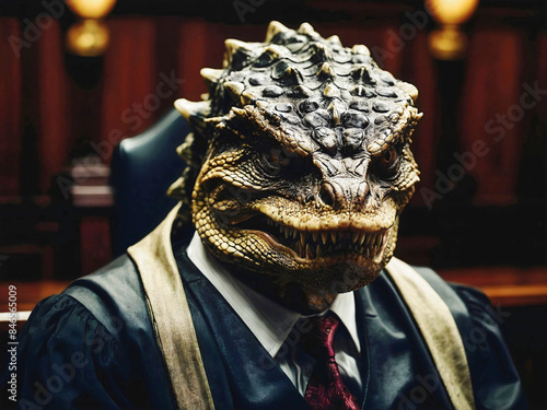 Obraz na płótnie Reptilian shapeshifter Supreme court, Corrupted dishonest judge in court room, lizard people w salonie