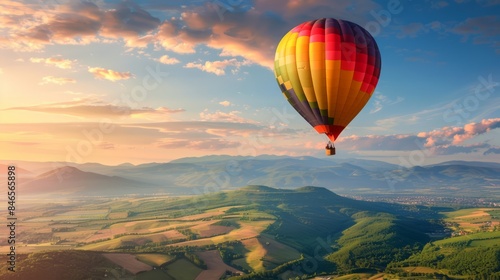 A vibrant hot air balloon soaring above a picturesque valley