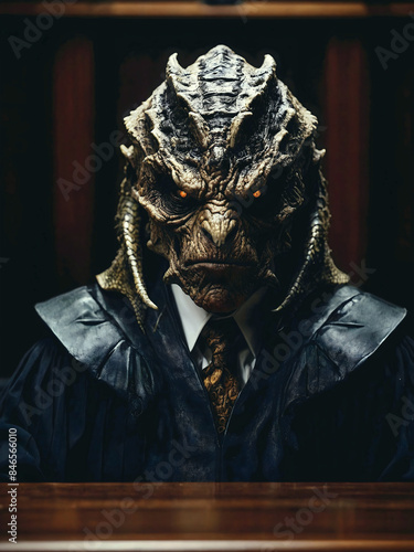 Obraz na płótnie Reptilian shapeshifter Supreme court, Corrupted dishonest judge in court room, lizard people w salonie