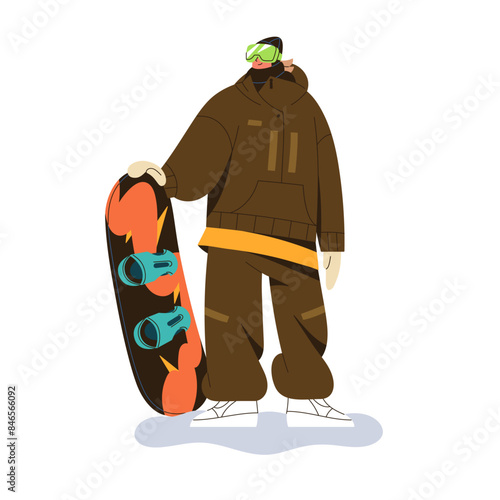 Professional snowboarder in equipment standing. Snow rider in protective mask holds in hand board. Happy athlete goes extreme winter sport. Flat isolated vector illustration on white background