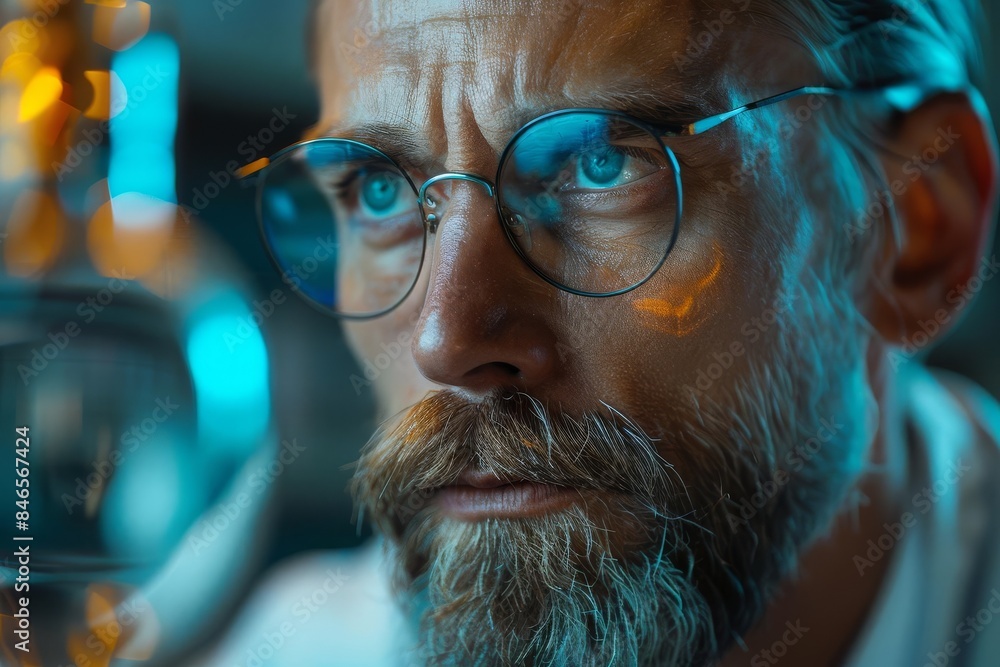 Close-up portrait of a focused scientist with glasses, analyzing an experiment in a laboratory setting with vibrant lighting. Close-up portrait of a focused scientist with glasses, analyzing an experiment in a laboratory setting with vibrant lighting.