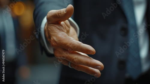 Close-up of a hand extended for a handshake, symbolizing business agreement, trust, and partnership in a professional setting. © khonkangrua