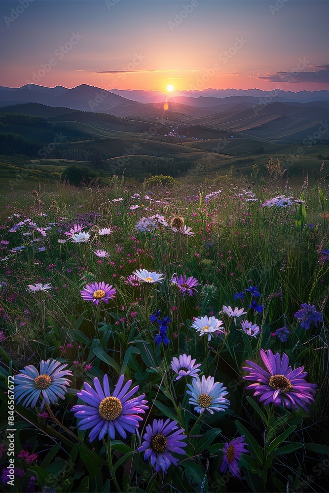 Fototapeta premium High mountain sunrise and wildflowers