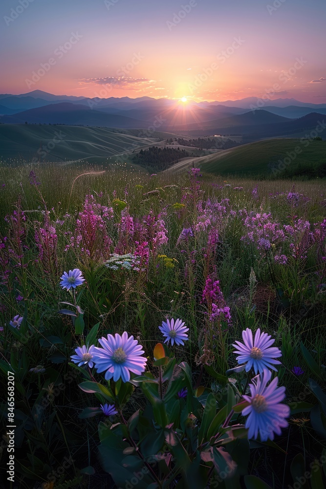 Fototapeta premium High mountain sunrise and wildflowers