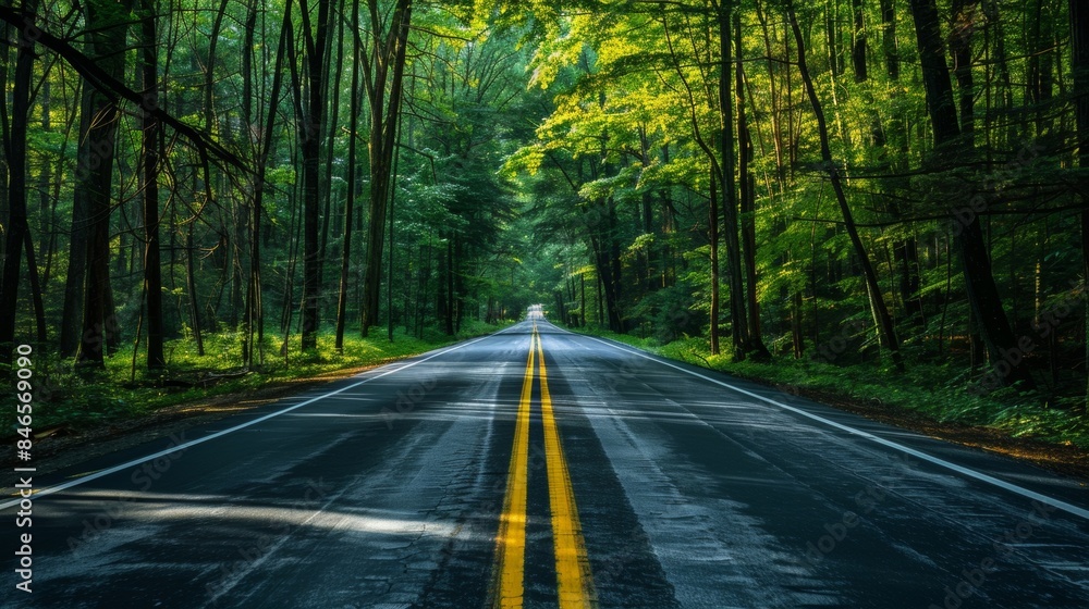 Obraz premium The forest and highway come together in a narrow passage forming a tunnel of trees and concrete. The sunlight breaks through the leaves . AI generation.