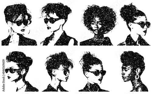 monochrome vector 90s woman portrait in mezzotint photocopy effect, for grunge punk y2k collage design. retro elements. brutalist vintage illustration music poster.