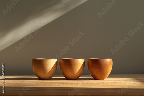 Three wooden cups are standing on a wooden table, minimalistic abstractions, terracotta aesthetics, rim light, tabletop photography, and spherical sculptures. photo