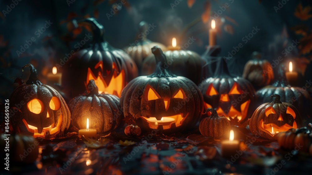 Halloween Jack-O'-Lanterns Glowing with Candles, Generative AI Halloween Jack-O'-Lanterns Glowing with Candles, Generative AI