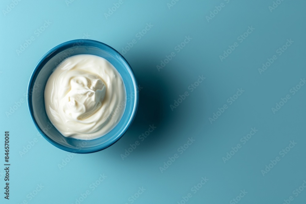 Yogurt in a blue bowl on a blue background, captured from an aerial view, smooth curves, rustic simplicity, and an ivory color. Yogurt in a blue bowl on a blue background, captured from an aerial view, smooth curves, rustic simplicity, and an ivory color.