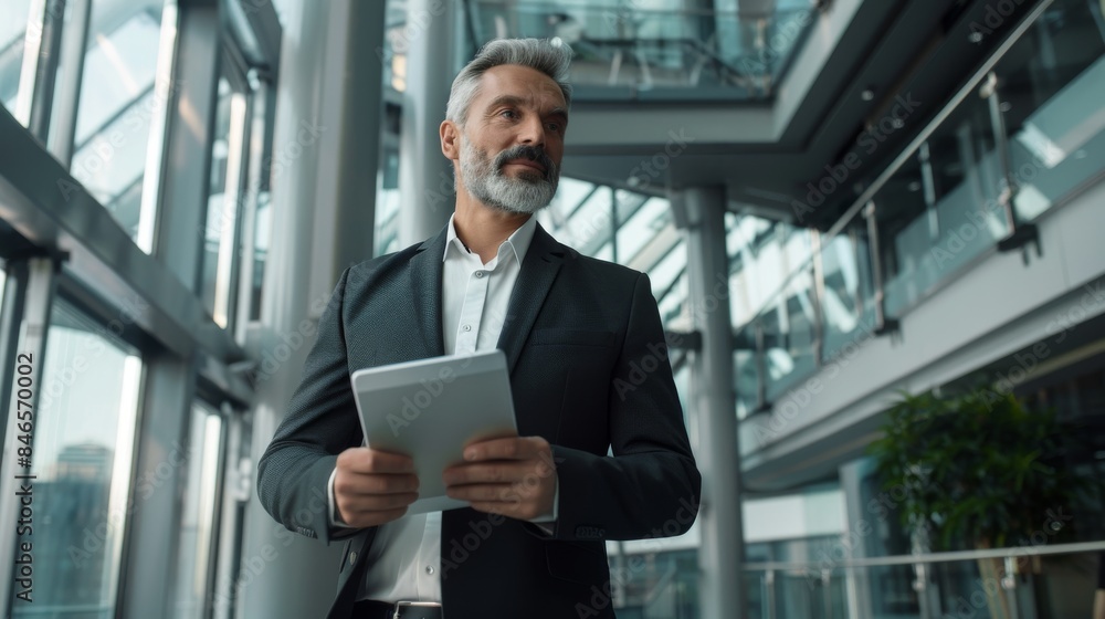 Confident businessman in a suit holds a tablet in a modern office building with glass walls. He appears focused and professional, embodying success and leadership. Confident businessman in a suit holds a tablet in a modern office building with glass walls. He appears focused and professional, embodying success and leadership.