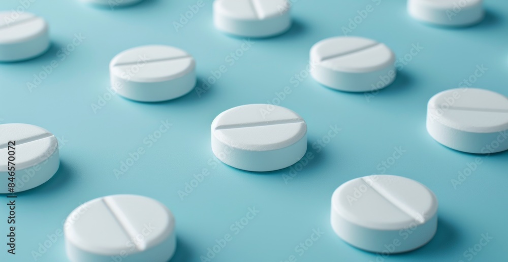 White pills are placed on a blue surface, muted aesthetics, minimalist compositions, bold and colorful compositions, and a light gray and cyan color.