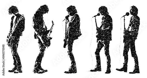 monochrome vector rockstar musician guitar in mezzotint photocopy effect, for grunge punk y2k collage design. guitarist vocalist retro elements. brutalist vintage illustration music poster.