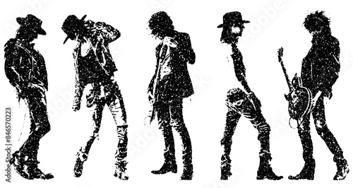 monochrome vector rockstar musician guitar in mezzotint photocopy effect, for grunge punk y2k collage design. guitarist vocalist retro elements. brutalist vintage illustration music poster.