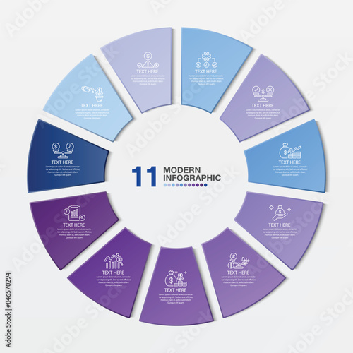 Blue tone circle infographic with 11 steps, process or options.