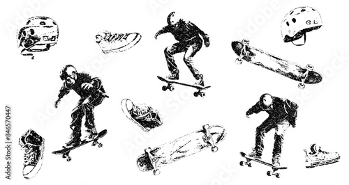 monochrome vector skate boarder in mezzotint photocopy effect, for grunge punk y2k collage design. guitarist vocalist retro elements. brutalist vintage illustration music poster.
