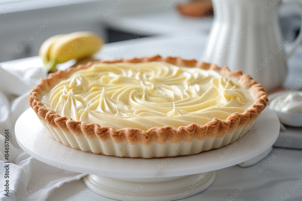 Delicious banana cream pie on a white stand, perfect for a classy dessert