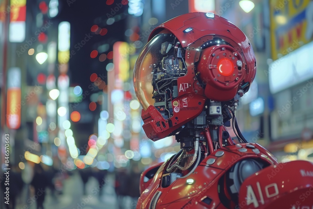 AI robot with city background, red and yellow lights, futuristic cyberpunk design AI robot with city background, red and yellow lights, futuristic cyberpunk design