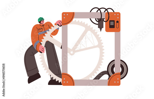 Worker creates machine parts with 3D printer concept. Production of plastic products, printing of cogwheel. Person constructs models, prototypes of gears. Flat isolated vector illustration on white