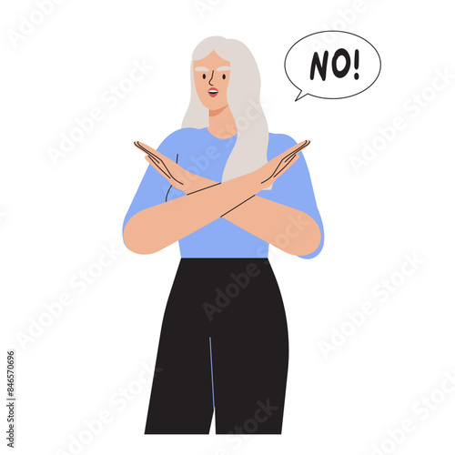 Frowned woman with negative face expression saying no, showing denial, ignore or stop gesture concept. Person using non-verbal communication sign. Flat vector illustration isolated on white background