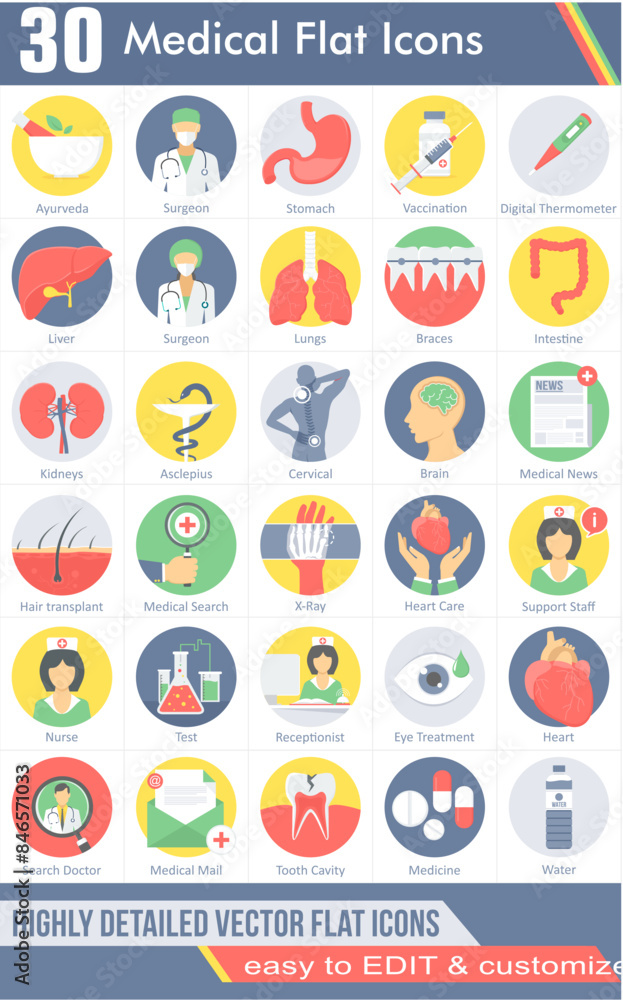 A set of 30 medical icons as ayurveda, surgeon, stomach A set of 30 medical icons as ayurveda, surgeon, stomach