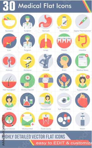 A set of 30 medical icons as ayurveda, surgeon, stomach