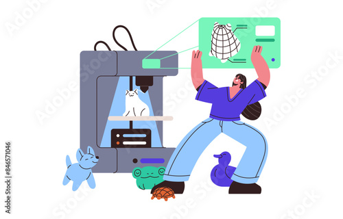 3D printing machine for creation plastic models, prototypes. Modern printer for production of toys, statuettes, figurines. Innovation technology. Flat isolated vector illustration on white background