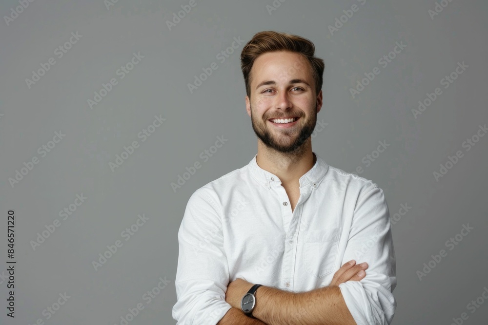 Smiling young man with arms crossed in fashionable pose on gray background for business portrait concept Smiling young man with arms crossed in fashionable pose on gray background for business portrait concept