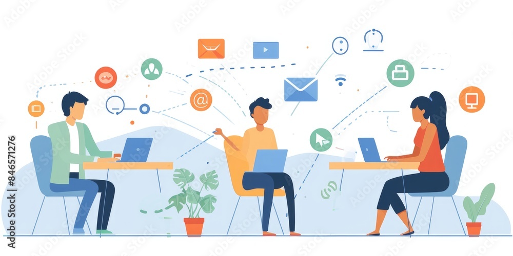 Depicts channels and methods for office communication.Signifies internal communication, messaging platforms, and correspondence Depicts channels and methods for office communication.Signifies internal communication, messaging platforms, and correspondence