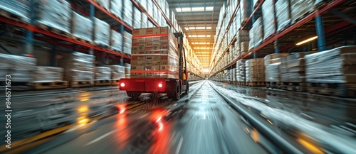 Forklift transporting goods in a busy warehouse. Forklift transports a pallet of goods through a busy warehouse aisle  highlighting efficient logistics and warehouse operations.