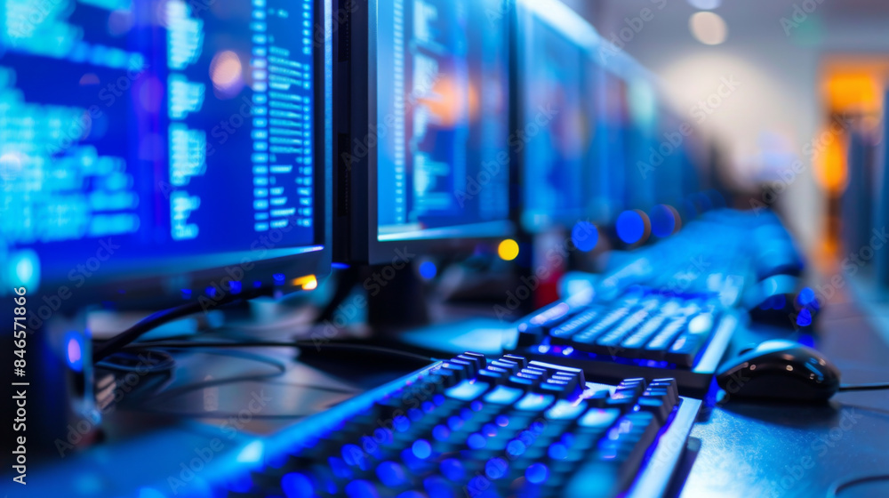 Close-up of multiple computer monitors displaying lines of code in a dimly lit room, emphasizing programming and technology. Close-up of multiple computer monitors displaying lines of code in a dimly lit room, emphasizing programming and technology.
