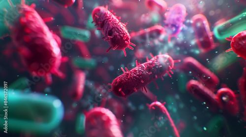 Сoncept of interaction between antibiotic and gut microbiome. 3d abstract illustration. photo